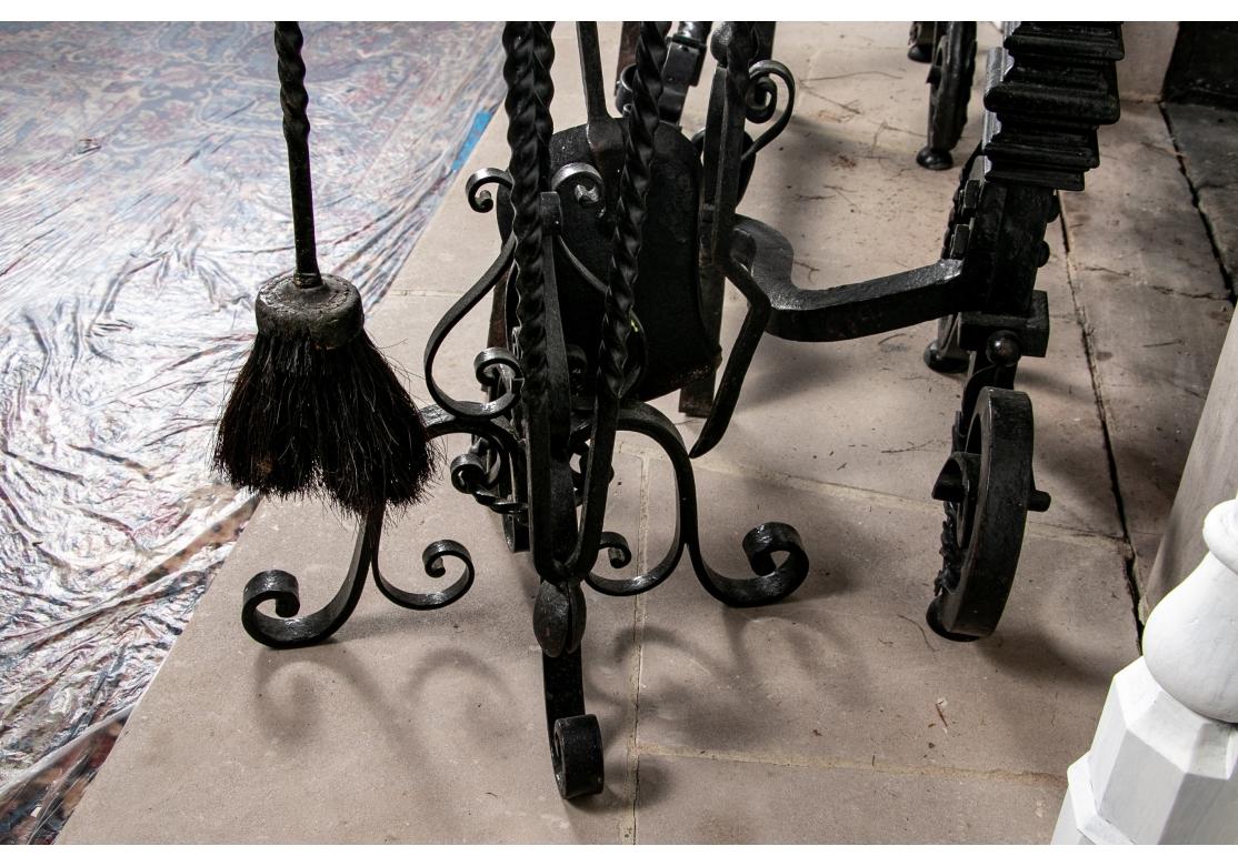 Elaborate Scrolled  Set Of Andirons, Log Holder And Fire Tools For Sale 7