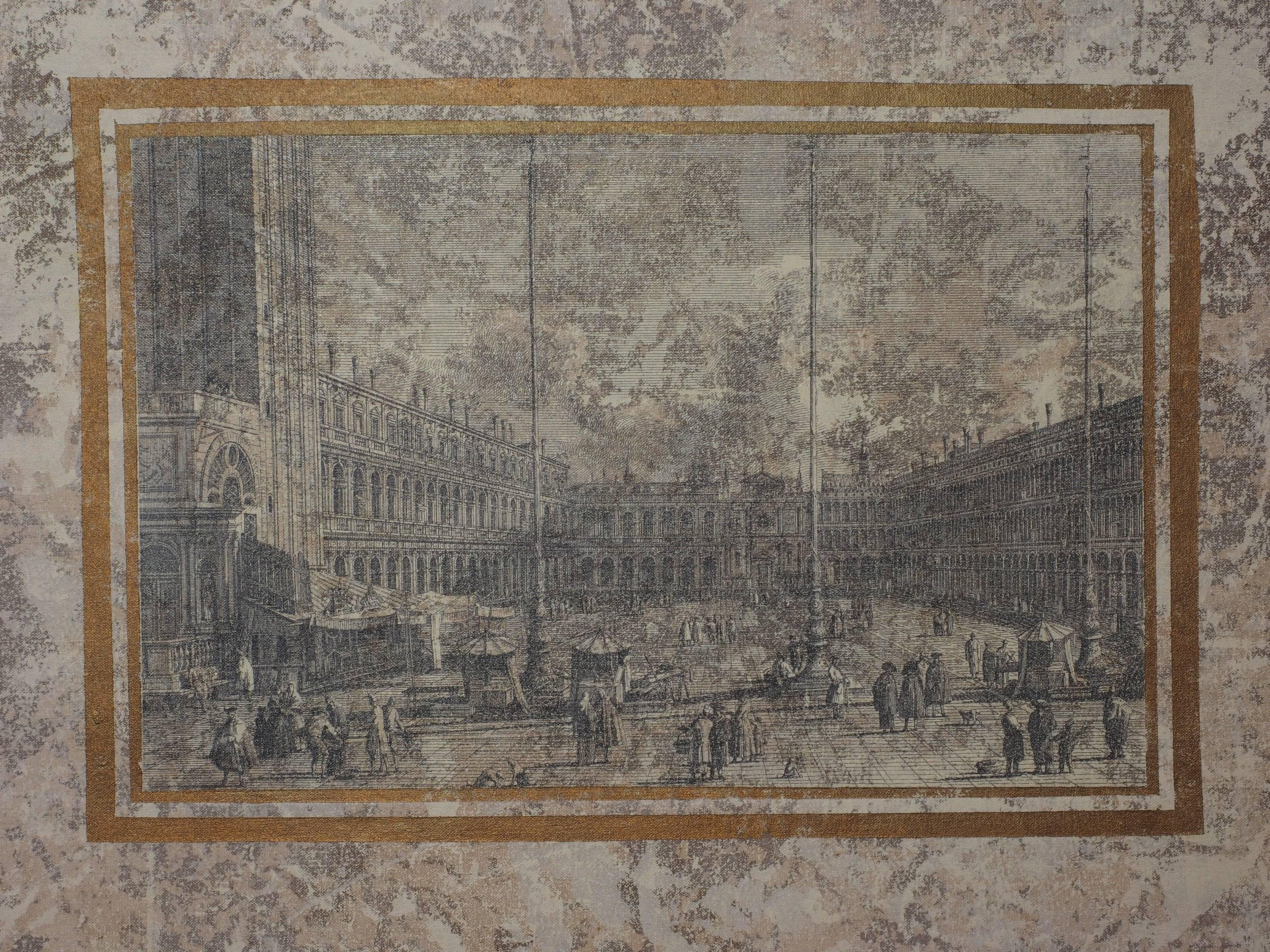 Italian Beautiful Four-Panel Fabric Screen with Venetian Engraving Scenes