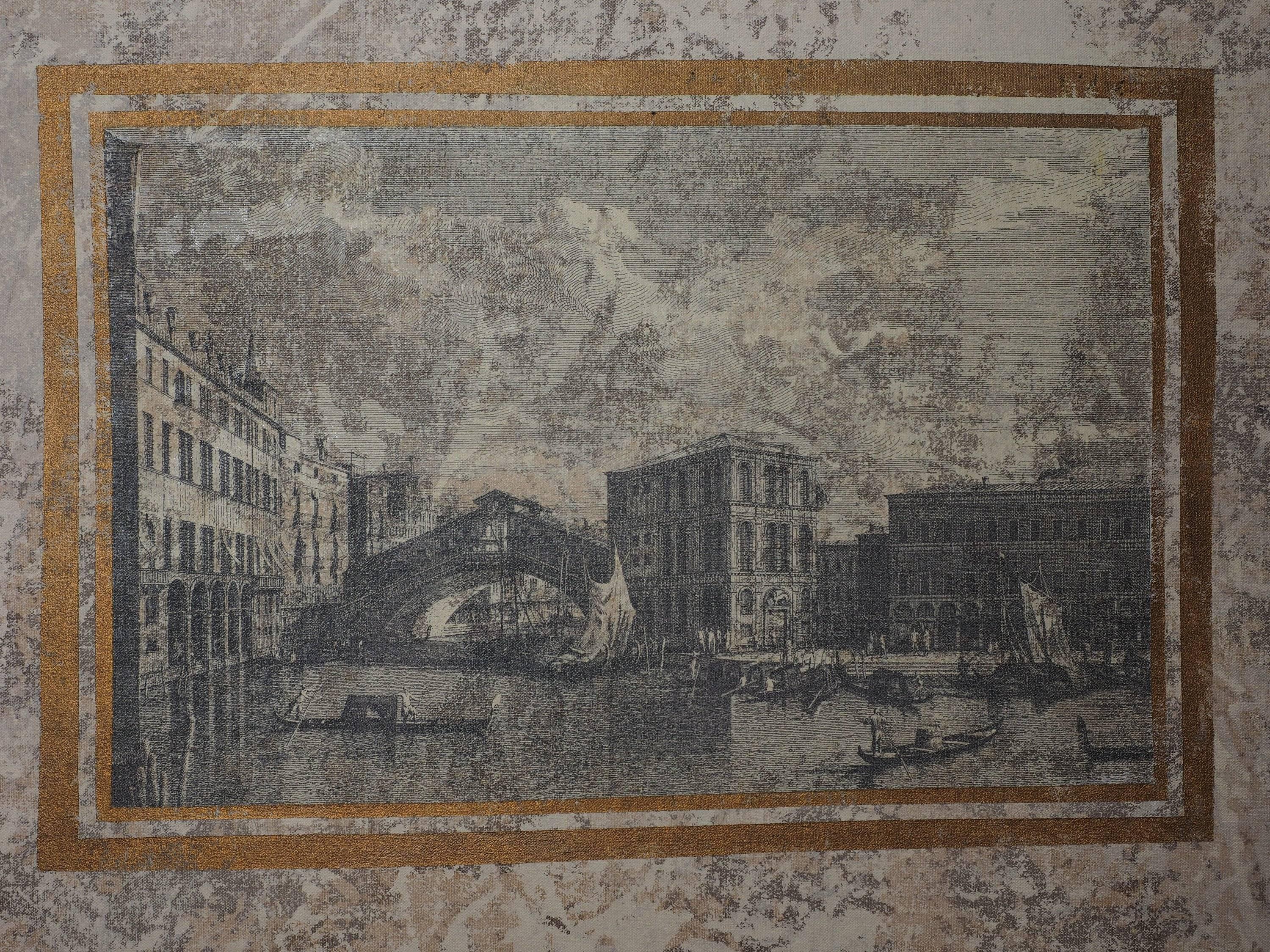Beautiful Four-Panel Fabric Screen with Venetian Engraving Scenes In Good Condition In Bridgeport, CT