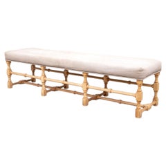 Fine English Manor Style Upholstered Carved Oak Bench