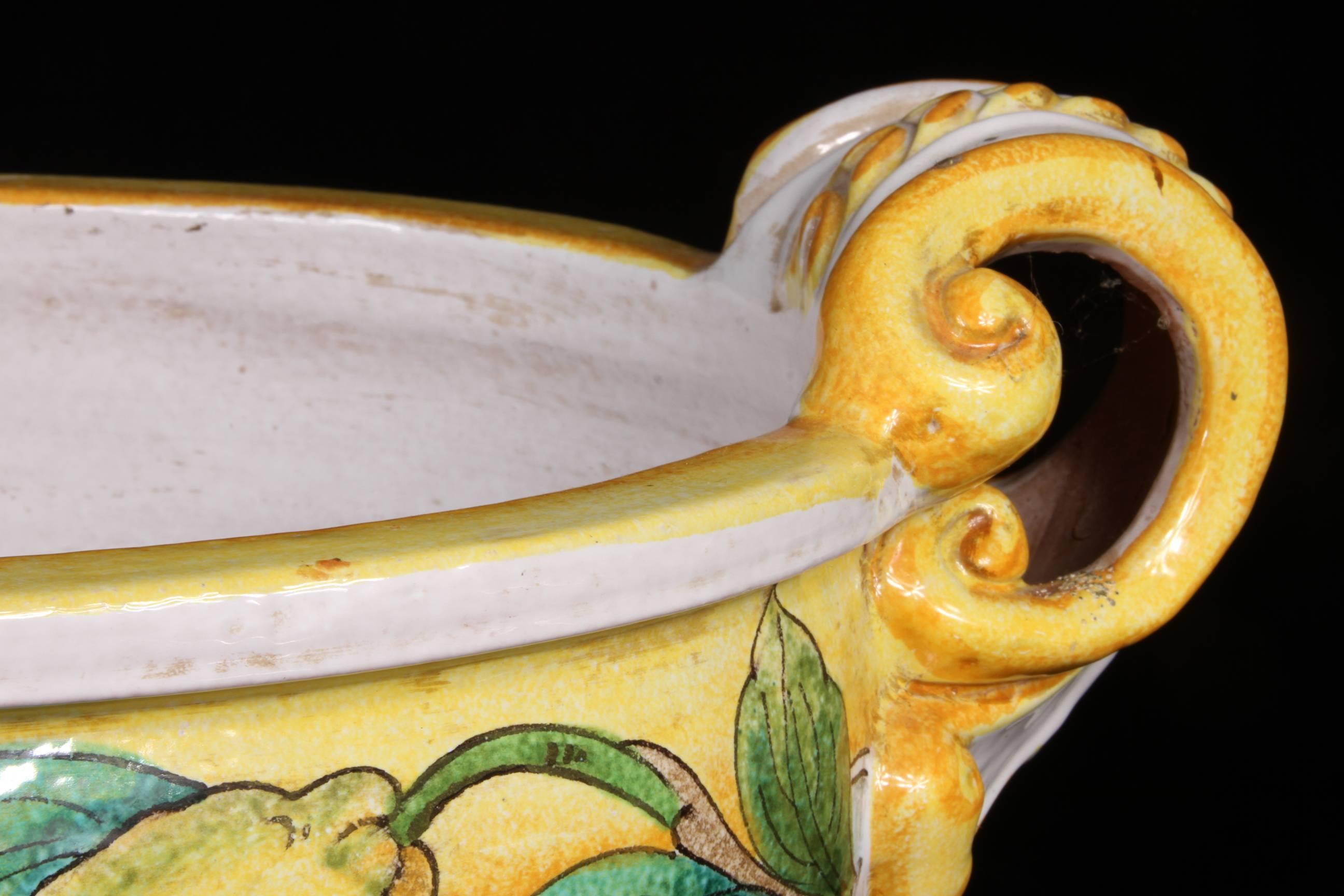 Bright lemons and flower vine design around outer portion. Twin golden yellow handles and a glazed white interior.