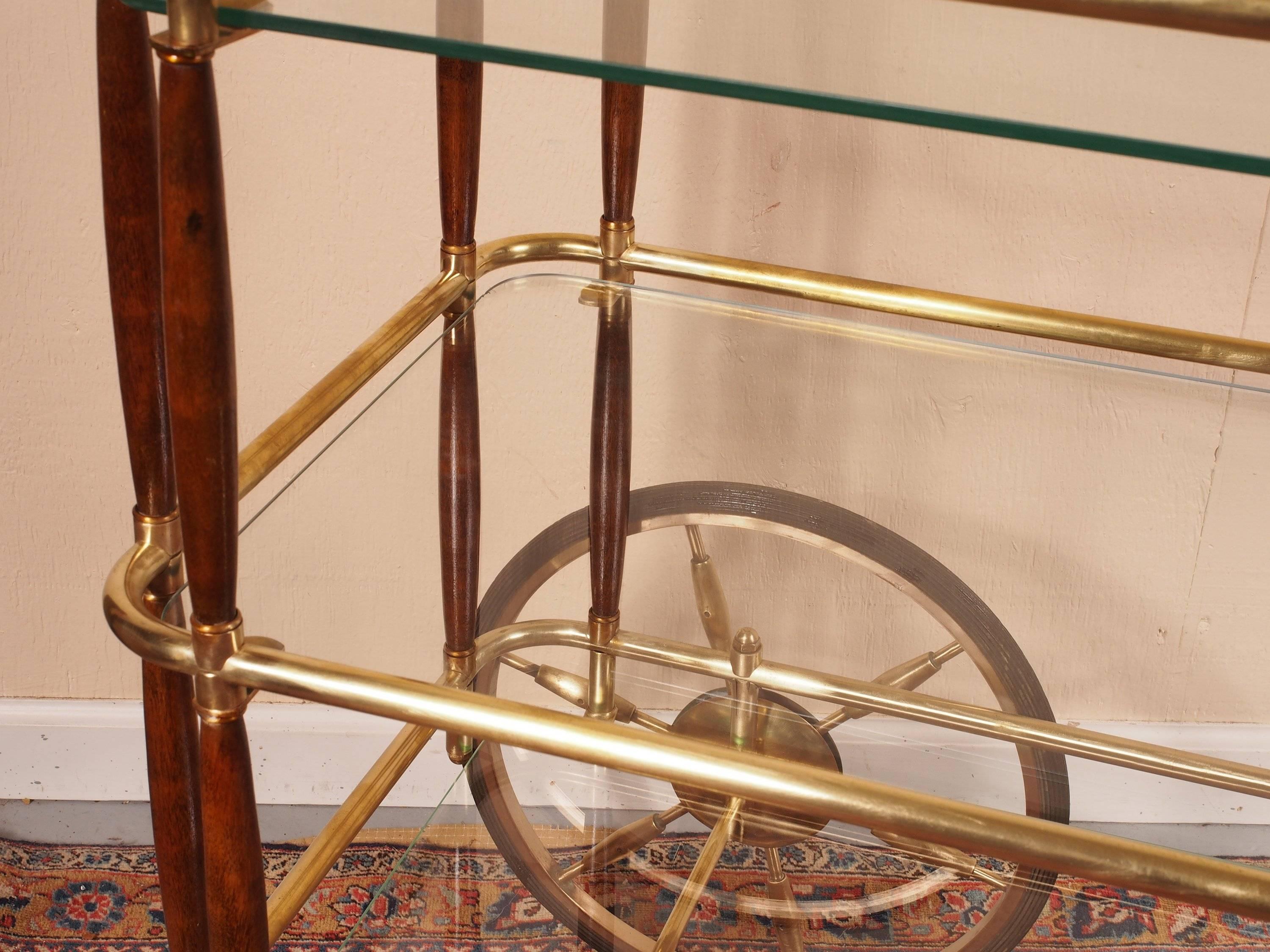 Mid-Century Modern Brass and Walnut Bar Cart 2