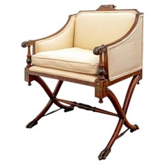 Antique Regency Style Curule Armchair In Custom Upholstery