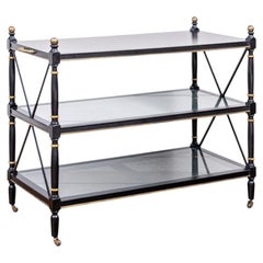 Campaign Style Three Tiered Etagere/ Cart In Ebonized Finish With Gold Accents