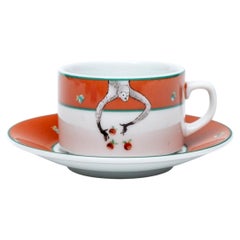 Lot de 6 tasses à thé et soucoupes Bernardaud de la marque Le Cirque, couleur orange – Motif singes