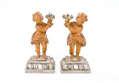 Exceptional Pair Of Antique Continental Carved Putti Tabletop 12" Candle Pricks
