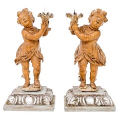 Exceptional Pair Of Antique Continental Carved Putti Tabletop 12" Candle Pricks