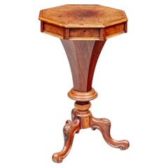 Period Victorian Octagonal Burl Work Stand On Carved Tripod Legs