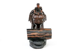 Large Vintage Intricately Carved Wood Elephant and Rider