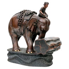 Large Vintage Intricately Carved Wood Elephant and Rider