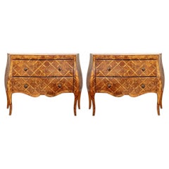 Timeworn Pair Of Italian Rococo Style Parquetry Commodes in Burl Veneer