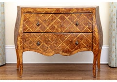 Timeworn Pair Of Italian Rococo Style Parquetry Commodes in Burl Veneer