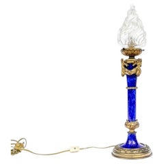 Antique Cobalt Porcelain and Bronze Neoclassical Lamp With Flame Shade