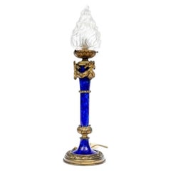 Antique Cobalt Porcelain and Bronze Neoclassical Lamp With Flame Shade
