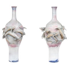 Unique Vintage Pair Of Signed Palace Size Dolphin Urns By Bruce Howdle (Am. 1946