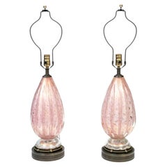 Pair Of Mid-Century Murano Pink Bullicante Glass Lamps With Gold Aventurine, Ca.