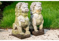 Vintage Pair Of Carved Stone Tibetan Style Guardian Lions
