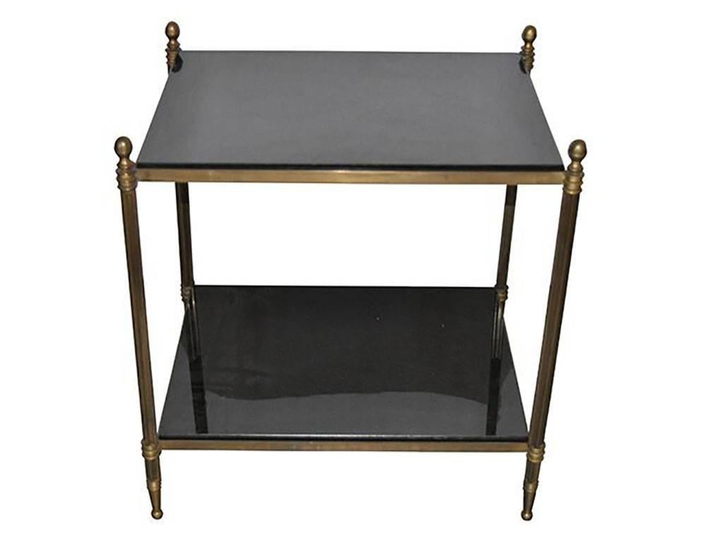 Neoclassical Maison Jansen Style Pair of Neoclassic Two Tiers Bronze and Black Opaline Tables