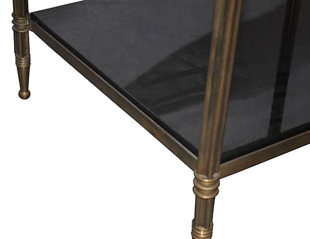 French Maison Jansen Style Pair of Neoclassic Two Tiers Bronze and Black Opaline Tables