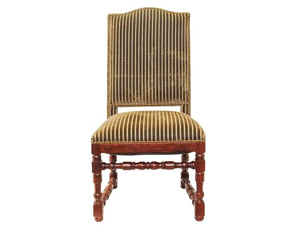 12 side dining and two armchairs. Striped velvet upholstery in a Jacobian style. Good condition with some wear on the arms of the two arm chairs. Some wear on velvet – consistent with light use.
Armchairs measure: 22.75” W x 42.5” H x 19” D, arm