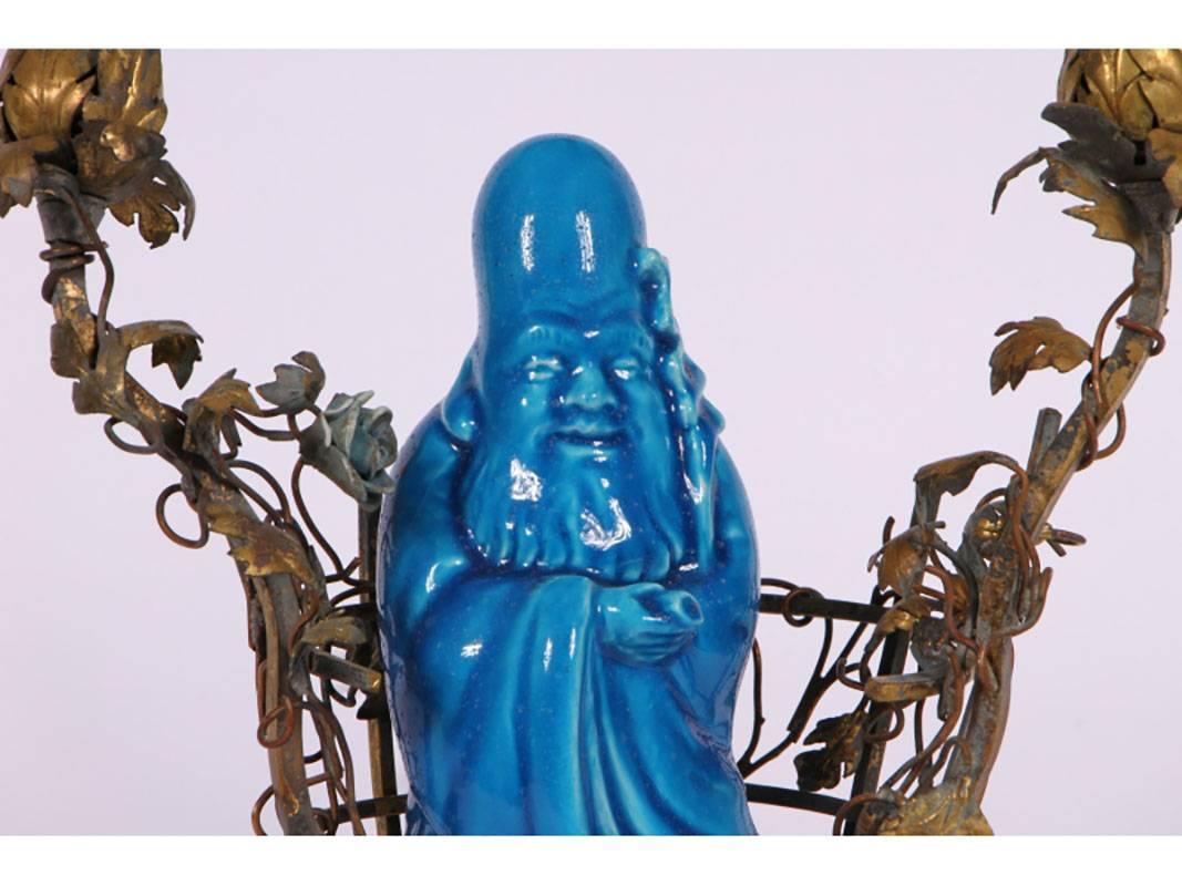 Ceramic Turquoise Glazed Buddha and Tole Foliate Lamp