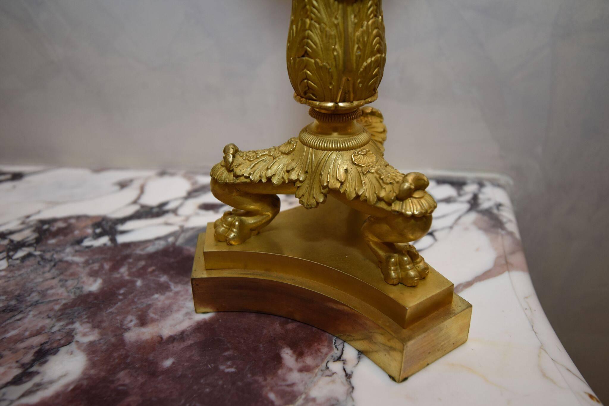 Neoclassical Style Gilt Bronze Ormolu Candlestick Pair In Excellent Condition In Bridgeport, CT