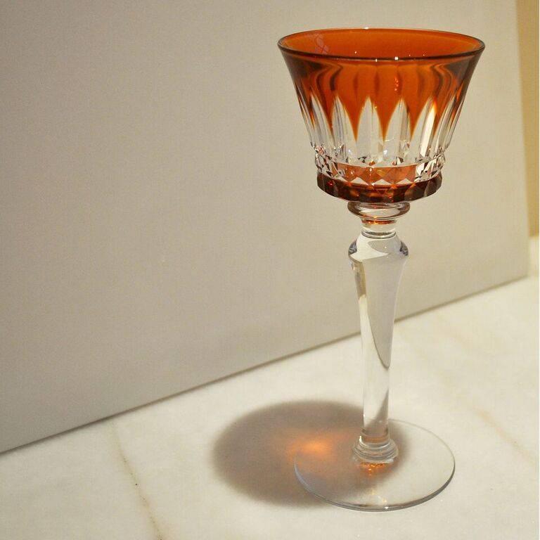 Baccarat amber cut-to-clear crystal wine glasses, set of 14. Made in France and stamped on bottom with Baccarat logo.