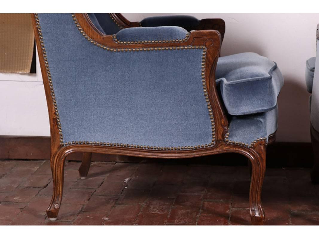 Hollywood Regency Pair of Vintage European Blue Mohair Wingchairs