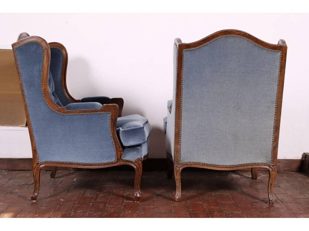 Pair of Vintage European Blue Mohair Wingchairs In Good Condition In Bridgeport, CT