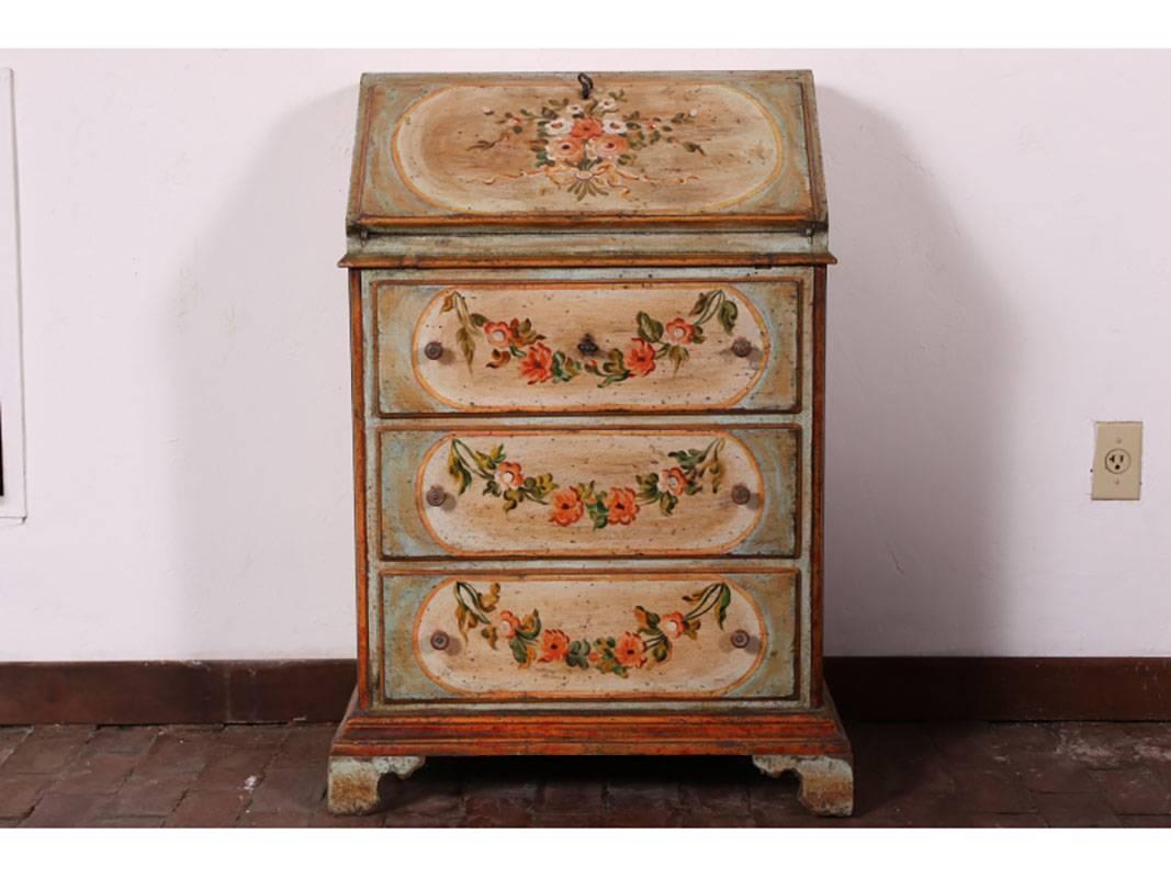 French Provincial Antique Italian Hand-Painted Slant Front Desk
