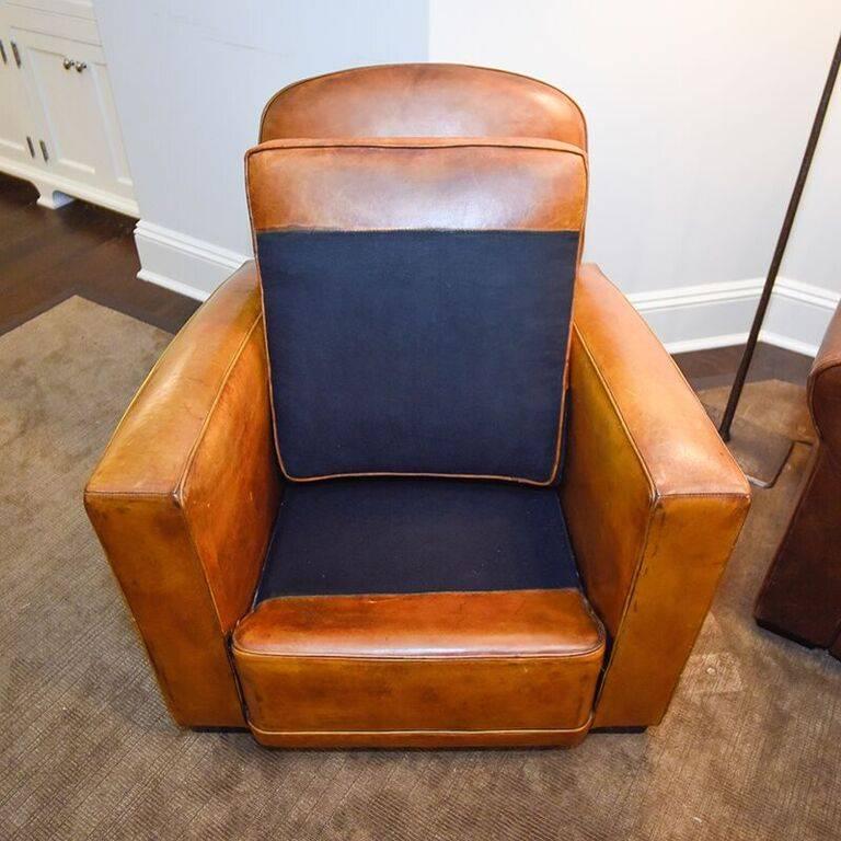 French Art Deco leather club chair, circa 1920s. Great patina to the leather.