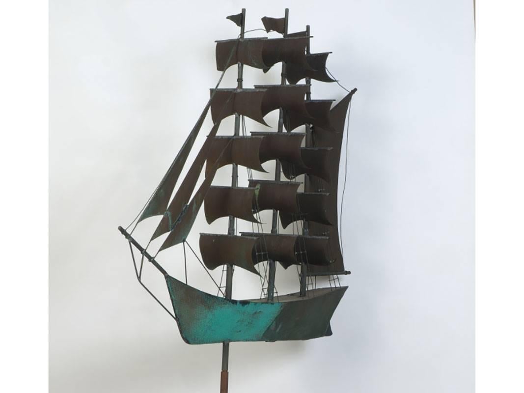 20th Century Very Large Vintage Green Patinated Copper Schooner Weathervane