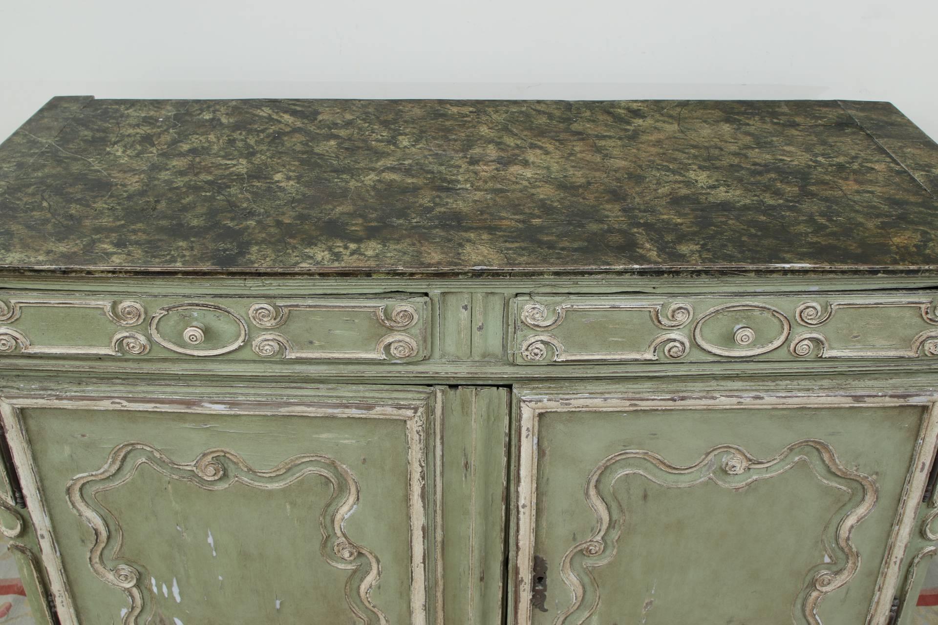 Painted French Provincial Green Paint Decorated Cabinet, Early 19th Century