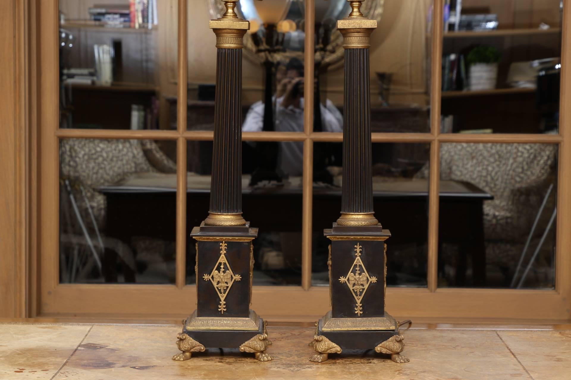Pair Of French Ebonized And Bronze Mounted Classical Column Form Lamps In Good Condition In Bridgeport, CT
