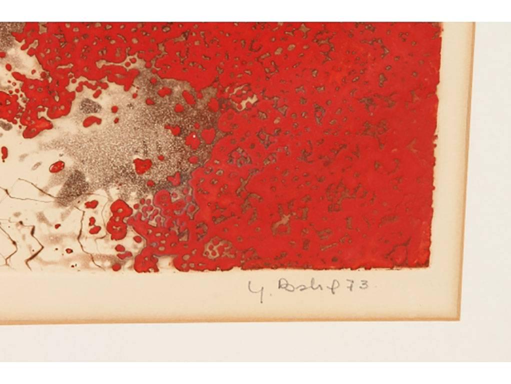 Mitte des Jahrhunderts 1973 Signierte Farbige Gravur (Ende des 20. Jahrhunderts) im Angebot