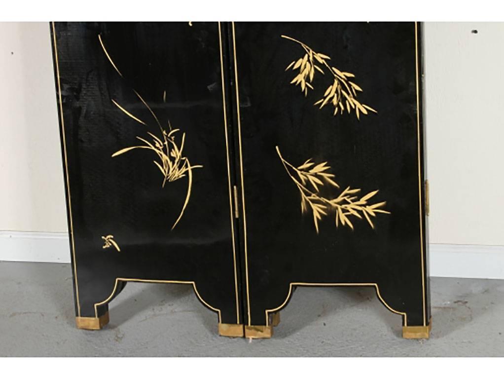 Chinese Export Asian Black Lacquered Four Panel Screen With Carved Stone Accents