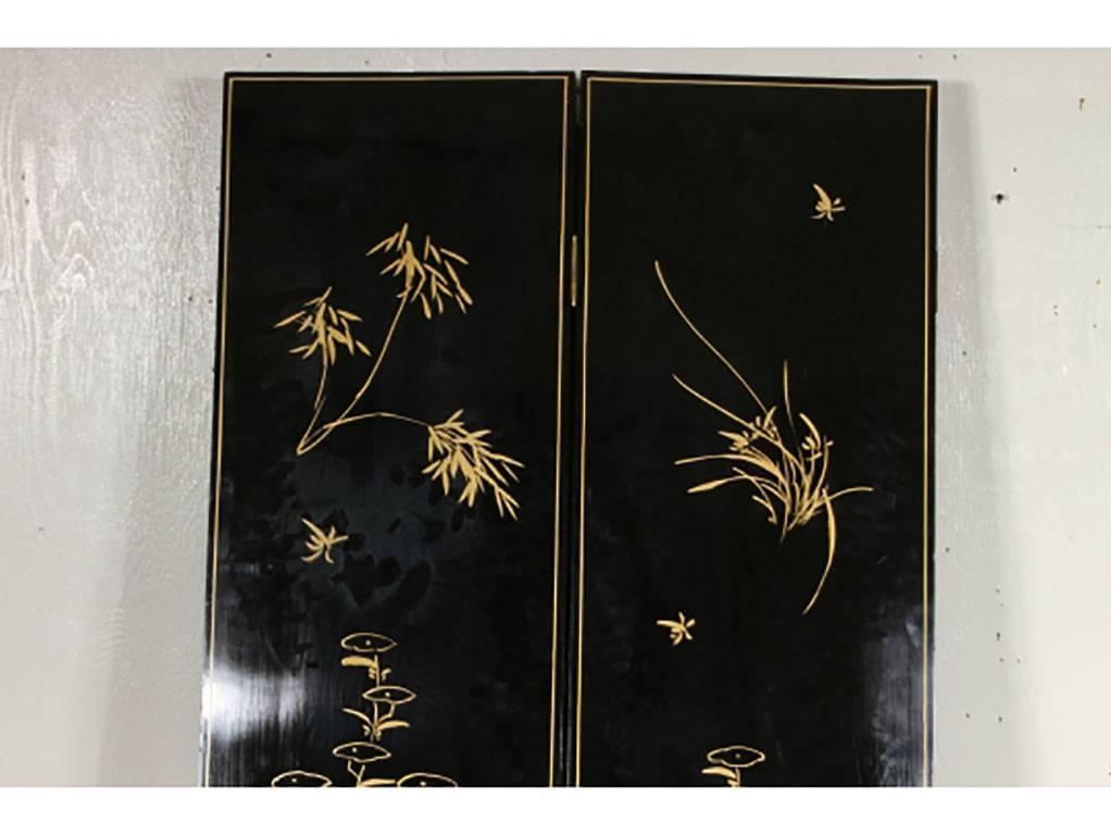 Asian Black Lacquered Four Panel Screen With Carved Stone Accents 2