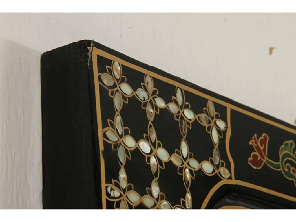 Chinese Asian Black Lacquered Four Panel Screen With Carved Stone Accents