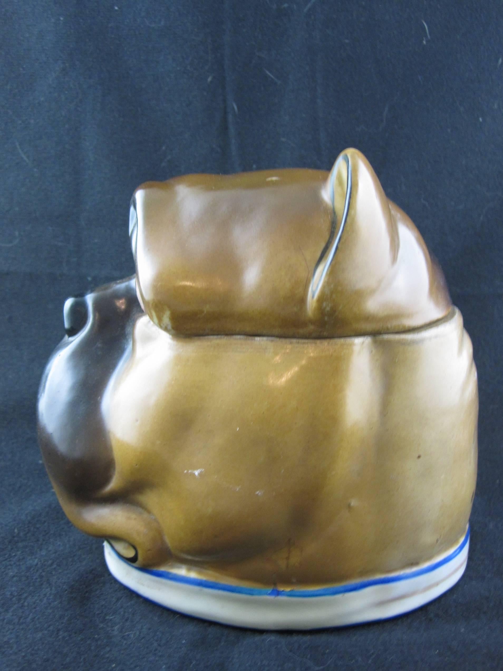 Glazed 19th Century Staffordshire English Bulldog Covered Jar or Humidor