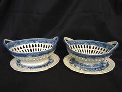 18th Century Staffordshire Pearlware Willow and Bird Baskets on Stands