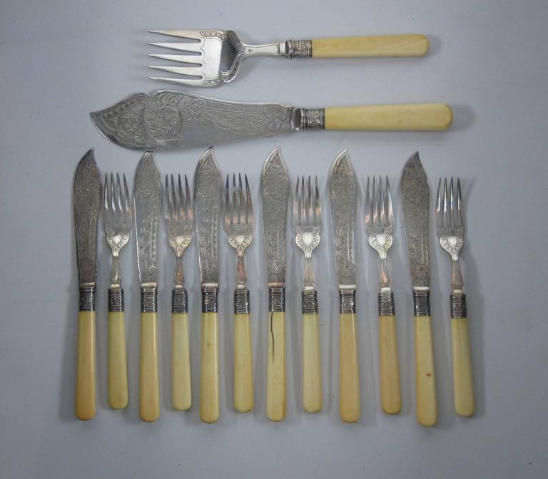 English Sheffield Bone and SilverPlate Cased Fish Flatware Service for