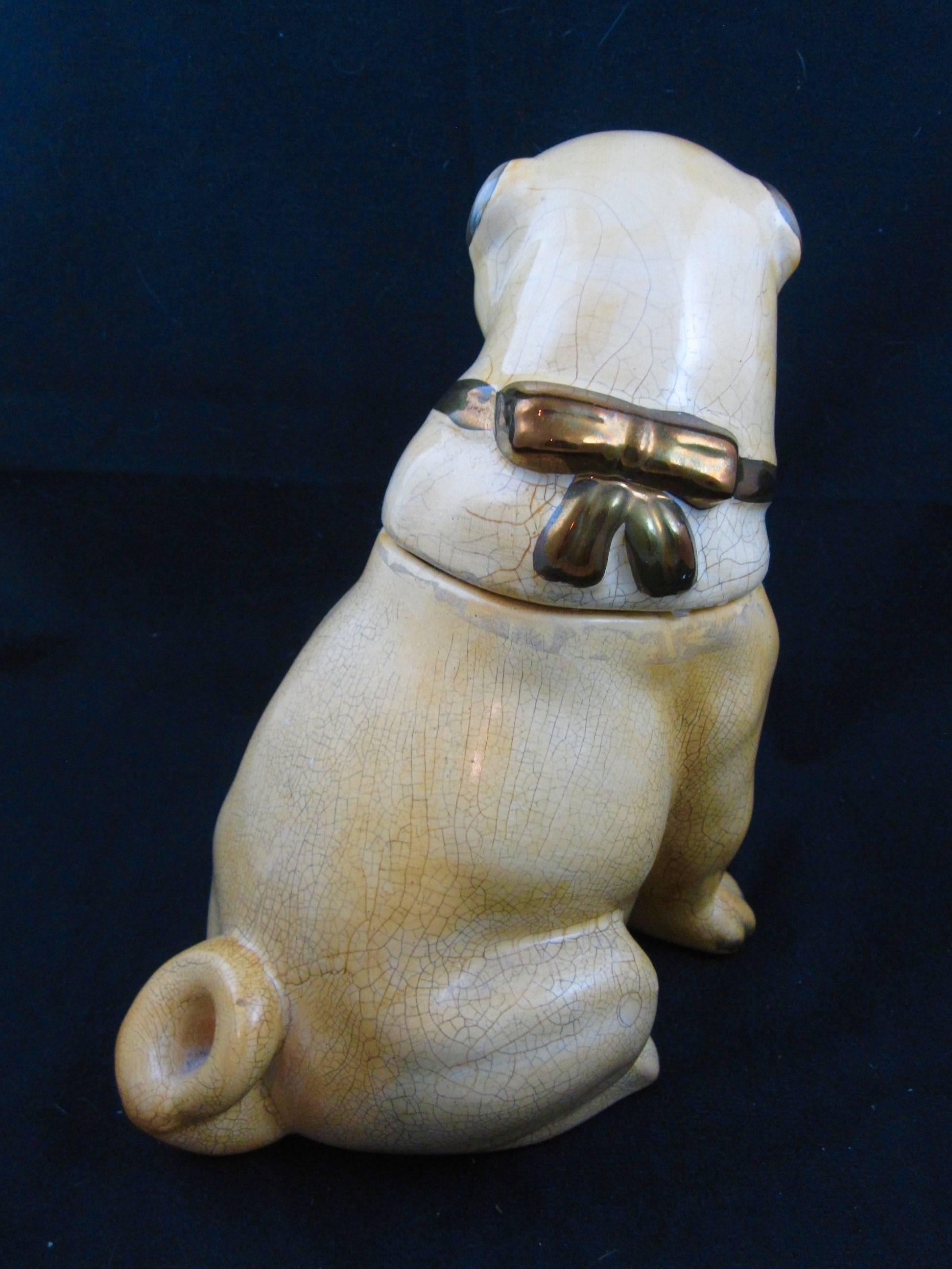 Glazed 19th Century English Staffordshire Pug Dog Large Covered Jar