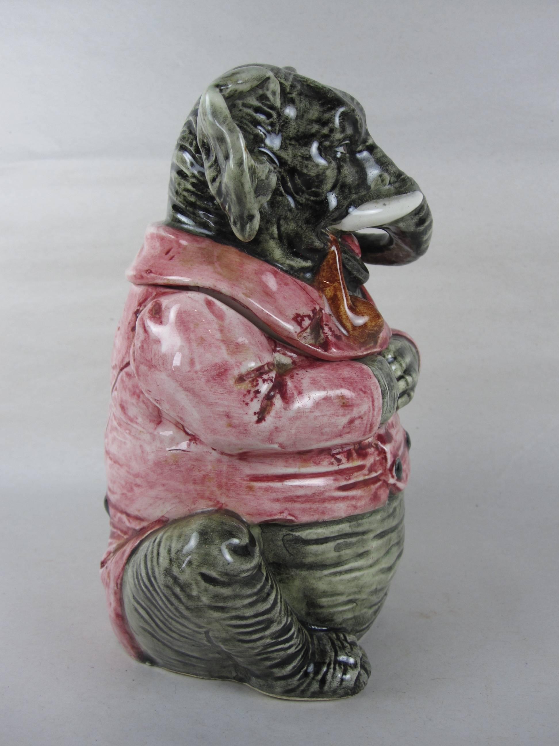 Austrian 19th Century Majolica Elephant Figural Tobacco Lidded Humidor Jar