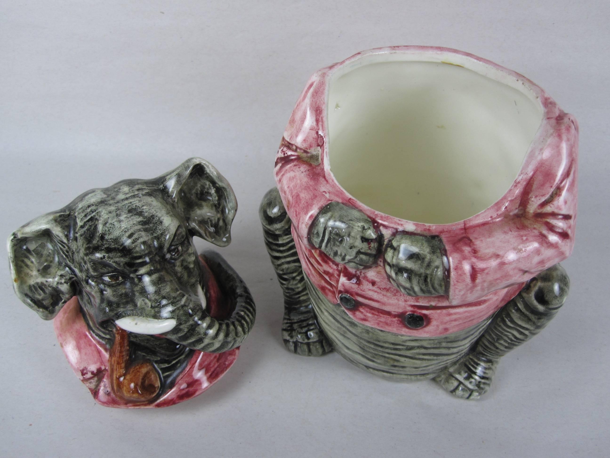 Ceramic 19th Century Majolica Elephant Figural Tobacco Lidded Humidor Jar