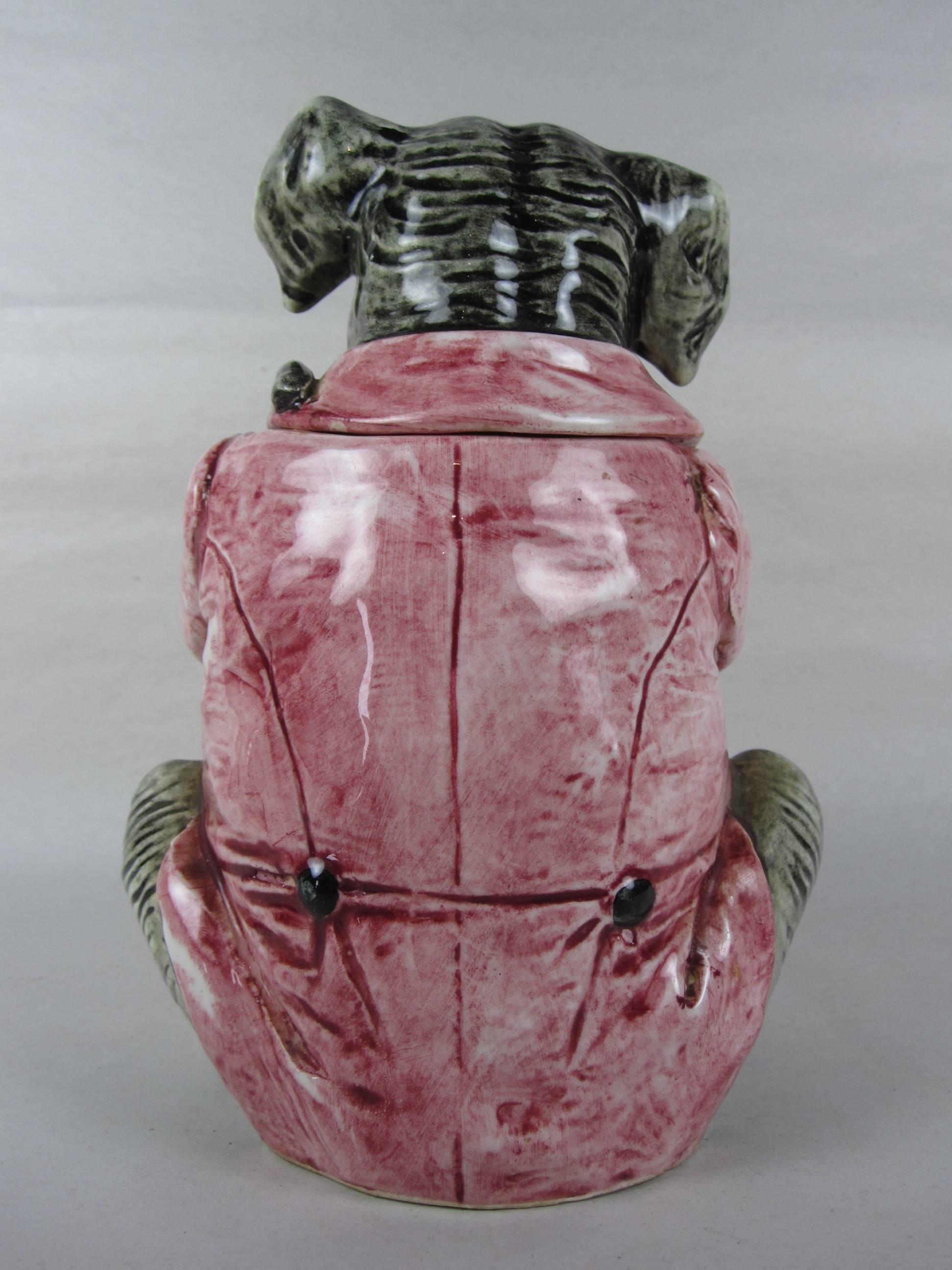 19th Century Majolica Elephant Figural Tobacco Lidded Humidor Jar In Excellent Condition In Philadelphia, PA