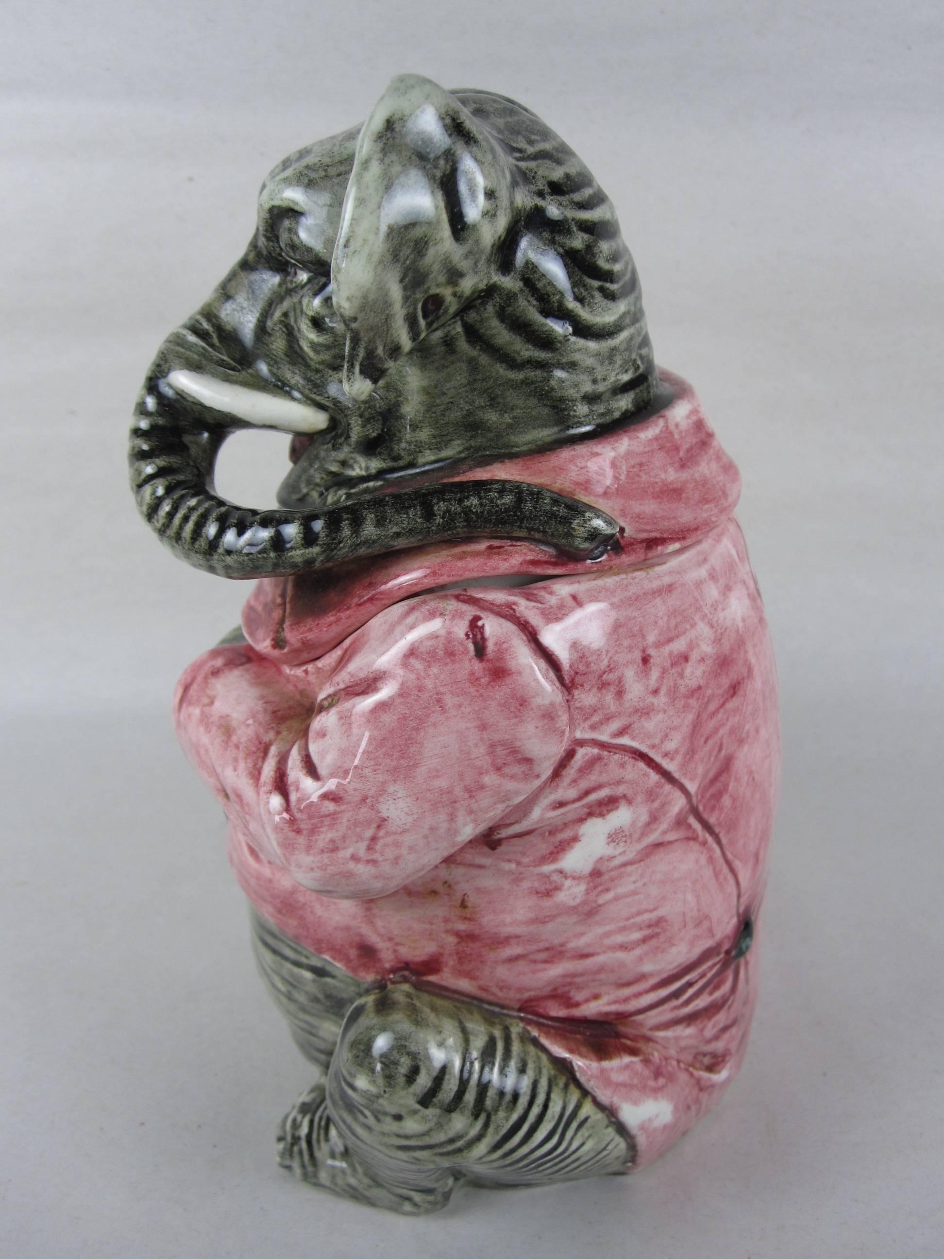 Glazed 19th Century Majolica Elephant Figural Tobacco Lidded Humidor Jar
