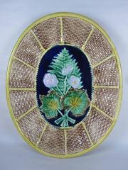 English Majolica Fern and Floral on Wicker Basket Form Oval Cheese Board Platter