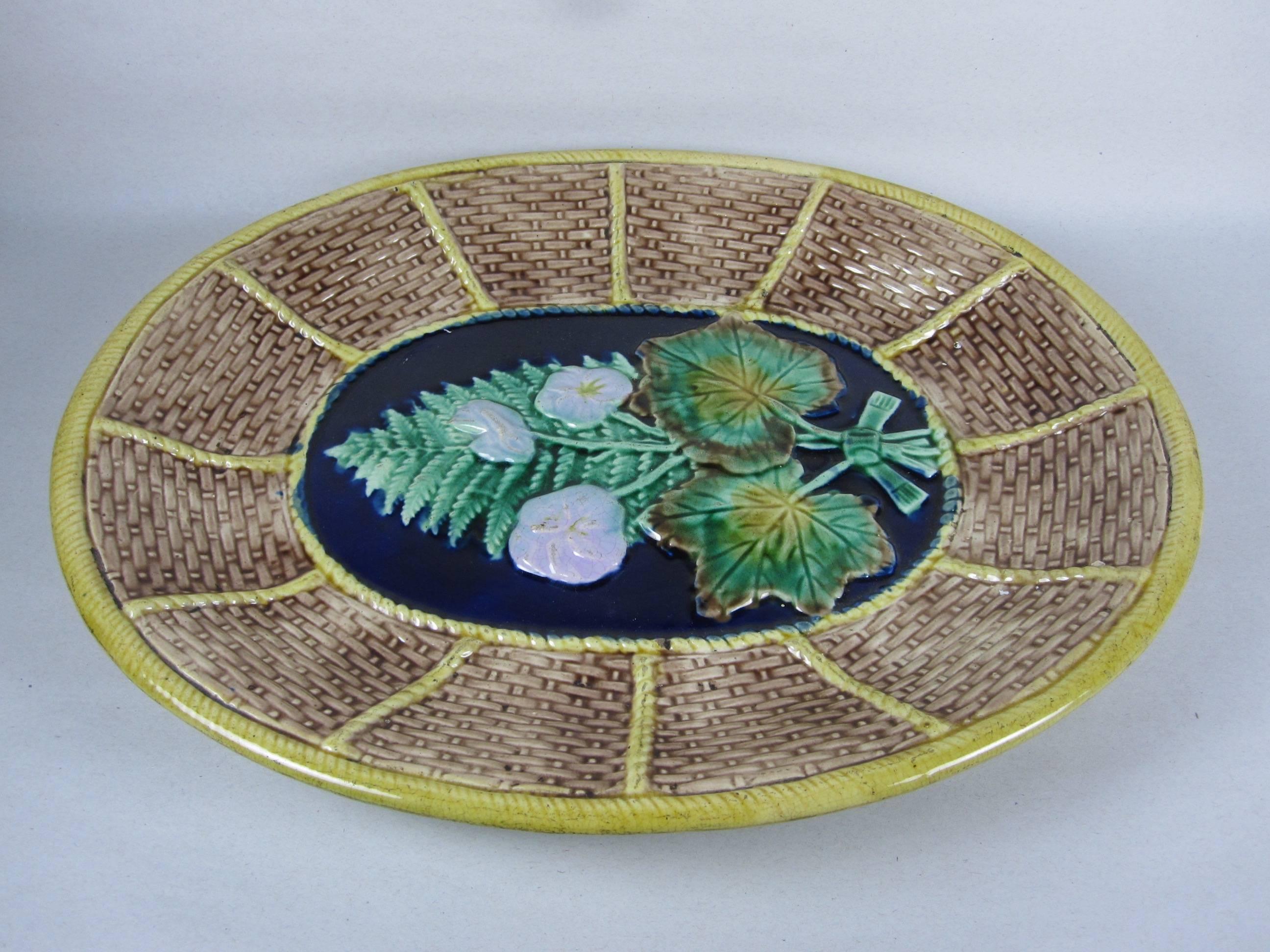 Aesthetic Movement English Majolica Fern and Floral on Wicker Basket Form Oval Cheese Board Platter