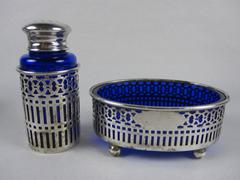 A Pair English Sheffield Peppers & Salt Dips, Sterling Overlay & Cobalt Inserts