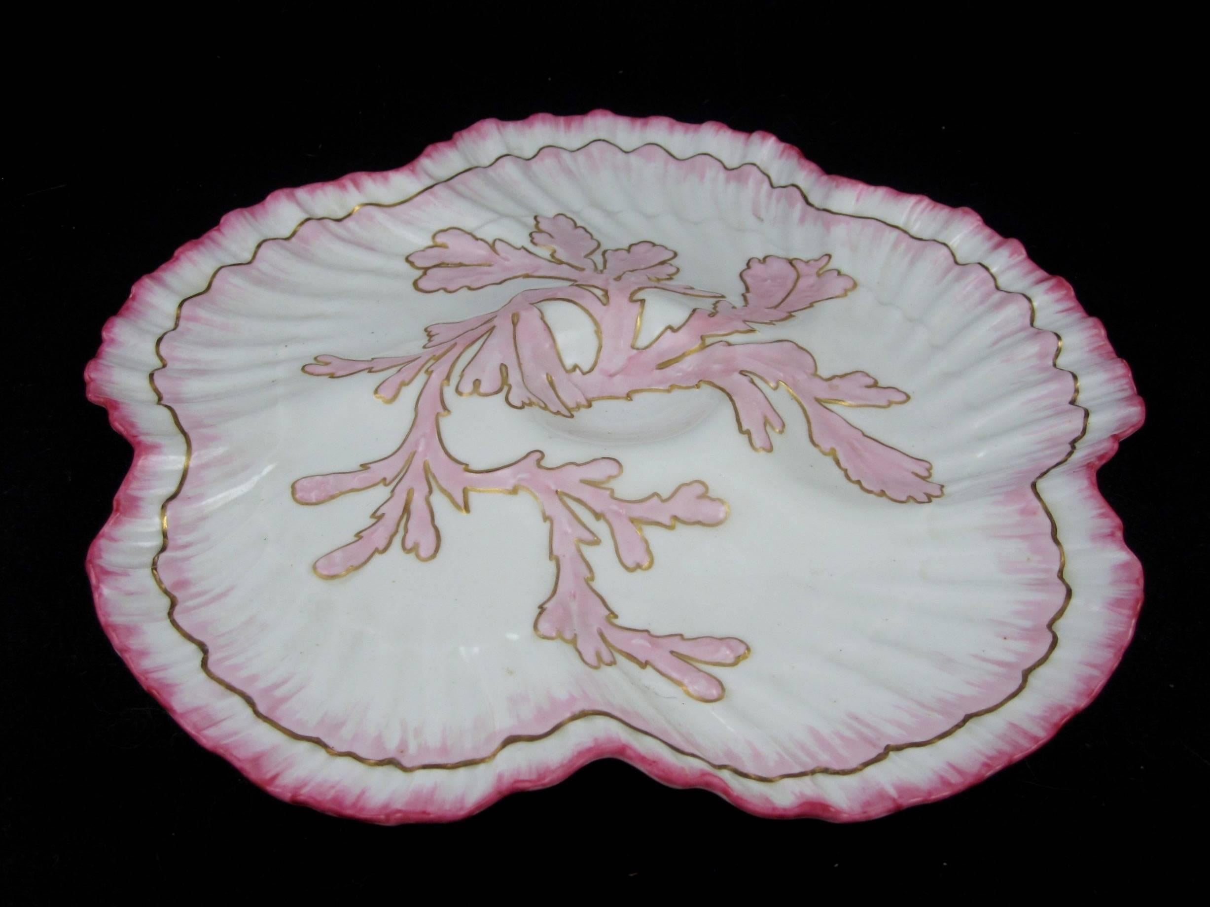 An English shell edge porcelain Oyster wall plate,  William Brownfield & Son  Pottery, Burslem Cobridge,  Stoke-on-Trent Northern Staffordshire, circa 1850 - 1871. 

Six shallow wells surround a central condiment well with a raised coral motif.
